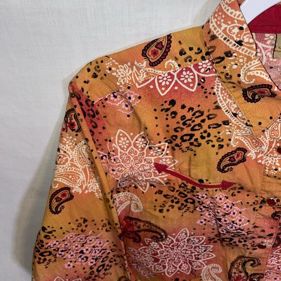 Wrangler Women’s Ruby Red Snap Shirt Size Medium Orange Floral Western Rodeo - Picture 5 of 12